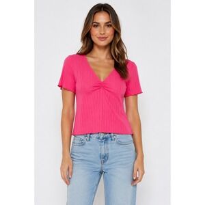 Lilou Hot Pink Ribbed Top Women L Ruched V Neck Flutter Sleeve Y2K Barbiecore
